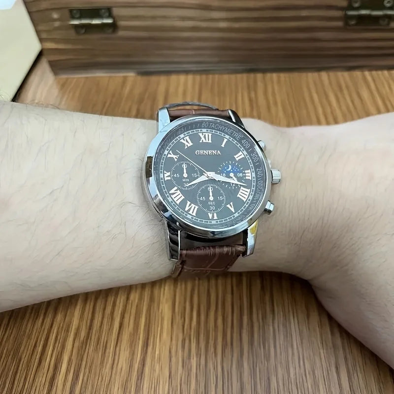 GENEVA High Quality Men's Luxury Belt Fashion Quartz Watch Men Round Business Student Sport Waterproof Glow Clock (teste)