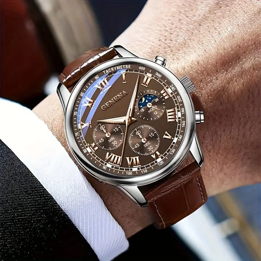 GENEVA High Quality Men's Luxury Belt Fashion Quartz Watch Men Round Business Student Sport Waterproof Glow Clock (teste)